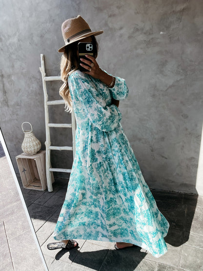Women’s Printed Long Sleeve Ruffled Maxi Dress