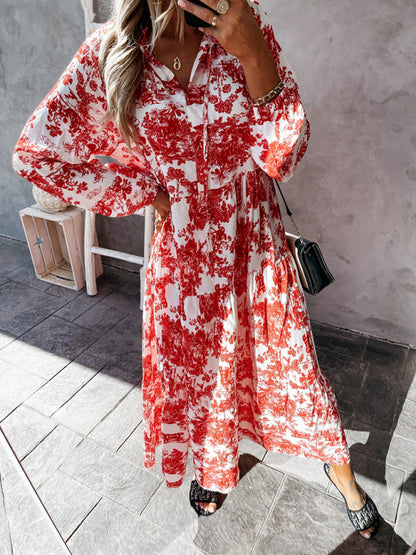 Women’s Printed Long Sleeve Ruffled Maxi Dress