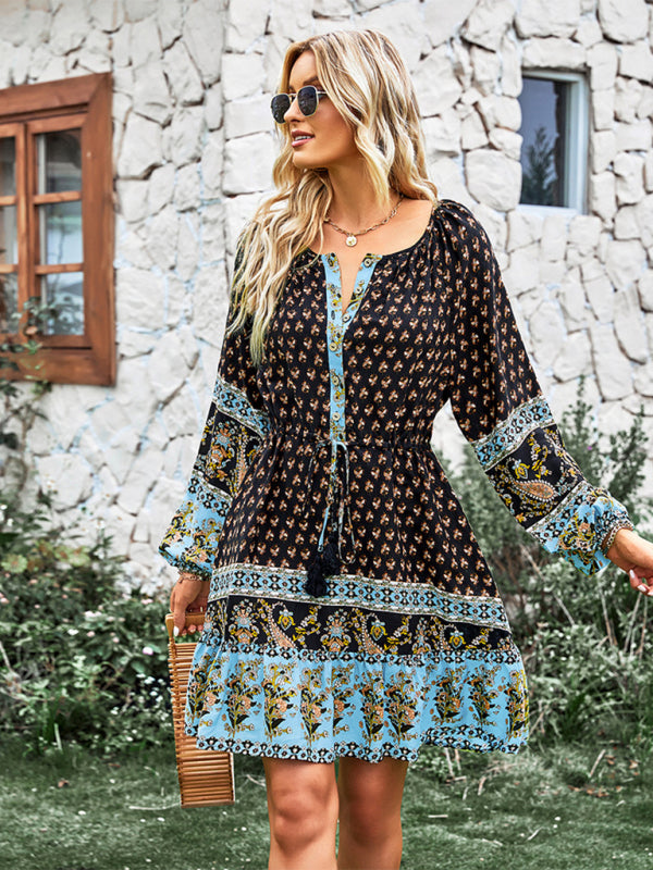 Long Sleeve Chiffon Scoop Neck Mini Dress - Serenity Land fashion