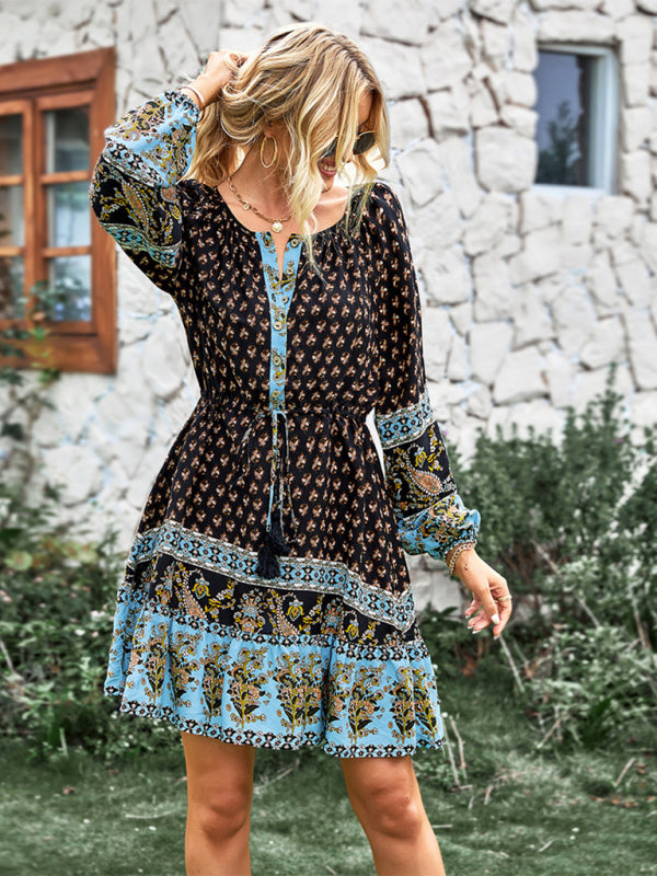Long Sleeve Chiffon Scoop Neck Mini Dress - Serenity Land fashion