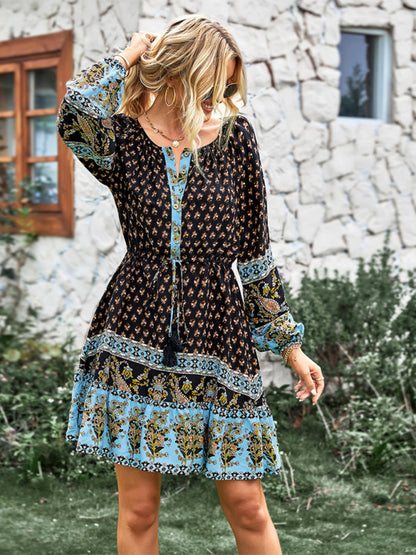 Long Sleeve Chiffon Scoop Neck Mini Dress - Serenity Land fashion