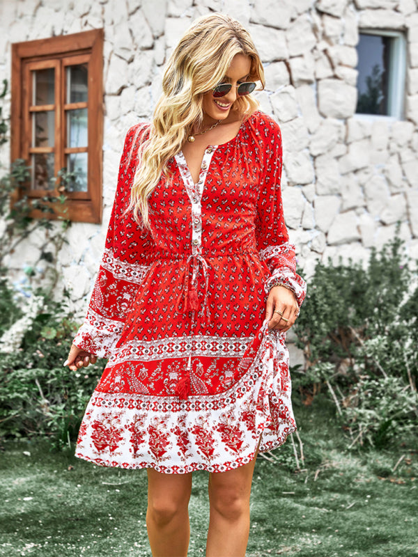 Long Sleeve Chiffon Scoop Neck Mini Dress - Serenity Land fashion