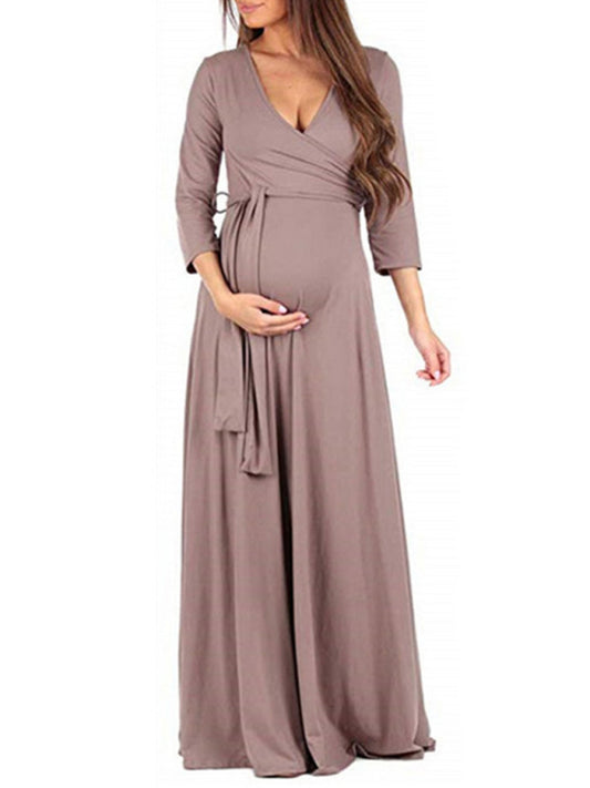 V-neck Three Quarter Sleeve Maternity Maxi Dress - Serenity Land fashion