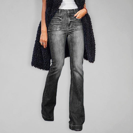 High Waisted Boot Cut Jeans With Front Patch Pockets - Serenity Land fashion