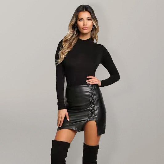 Lace Up Faux Leather Slit Mini Skirt - Serenity Land fashion