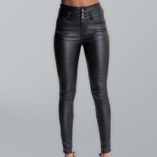 Faux Leather Exposed ButtonHigh Rise Skinny Pants