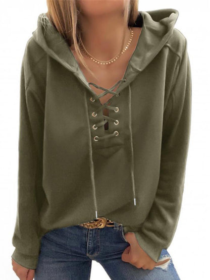 Solid Color Lace Up Long Sleeve Hoodie - Serenity Land fashion