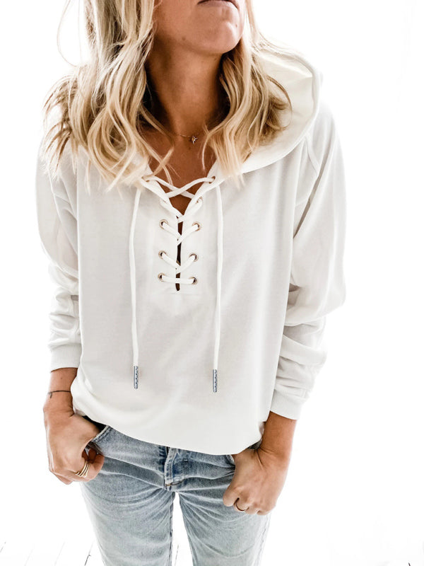 Solid Color Lace Up Long Sleeve Hoodie - Serenity Land fashion