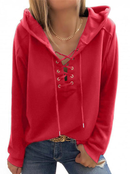 Solid Color Lace Up Long Sleeve Hoodie - Serenity Land fashion