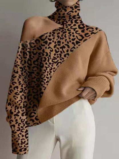Leopard Print One Shoulder Sweater - Serenity Land fashion