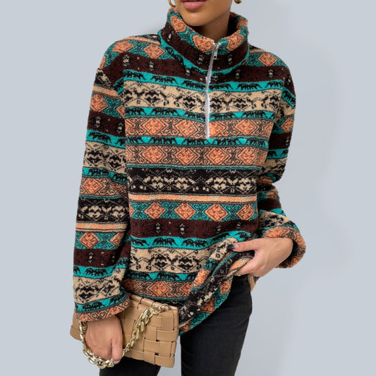 Printed Sherpa Quarter Zip Pullover - Serenity Land fashion