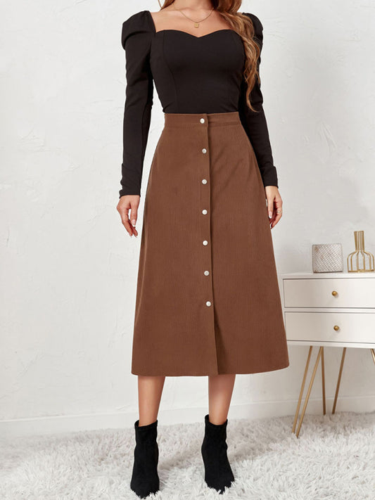 Solid Color Corduroy Button Front A Line Midi Skirt - Serenity Land fashion