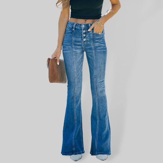 Four Button High Waist Flare Front Seam Jeans - Serenity Land fashion