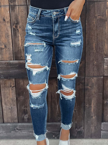Rip Distressed Lined With Plaid Print Curvy Fit Skinny Jeans - Serenity Land fashion