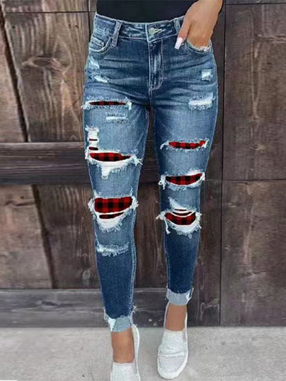 Rip Distressed Lined With Plaid Print Curvy Fit Skinny Jeans - Serenity Land fashion