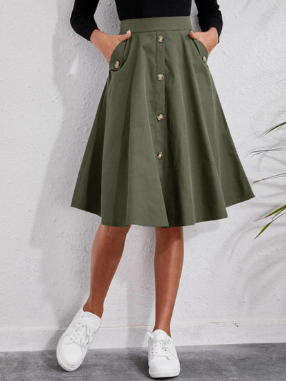 Solid Color Faux Button Front Midi Length A Line Skirts - Serenity Land fashion