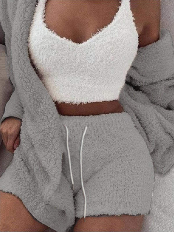 Solid Color Warm Fuzzy Fleece Faux Sherpa 3 Piece Pajamas - Serenity Land fashion