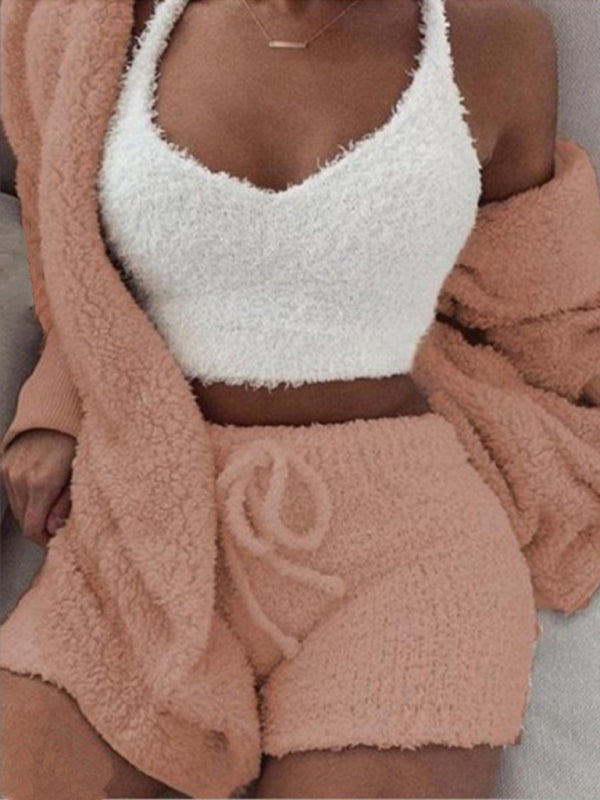Solid Color Warm Fuzzy Fleece Faux Sherpa 3 Piece Pajamas - Serenity Land fashion