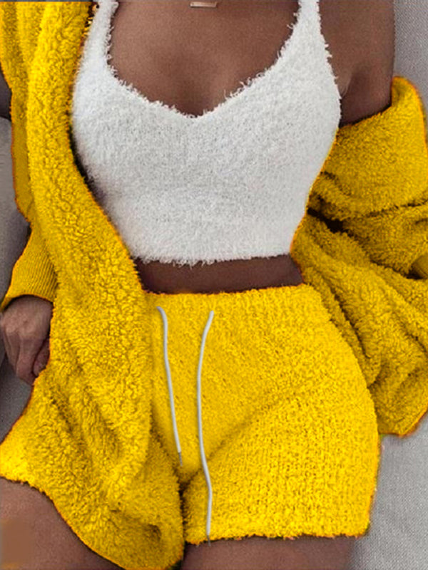 Solid Color Warm Fuzzy Fleece Faux Sherpa 3 Piece Pajamas - Serenity Land fashion