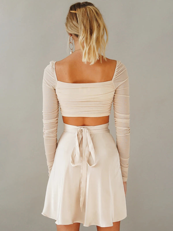 Solid Color Satin Wrap Mini Skirt - Serenity Land fashion
