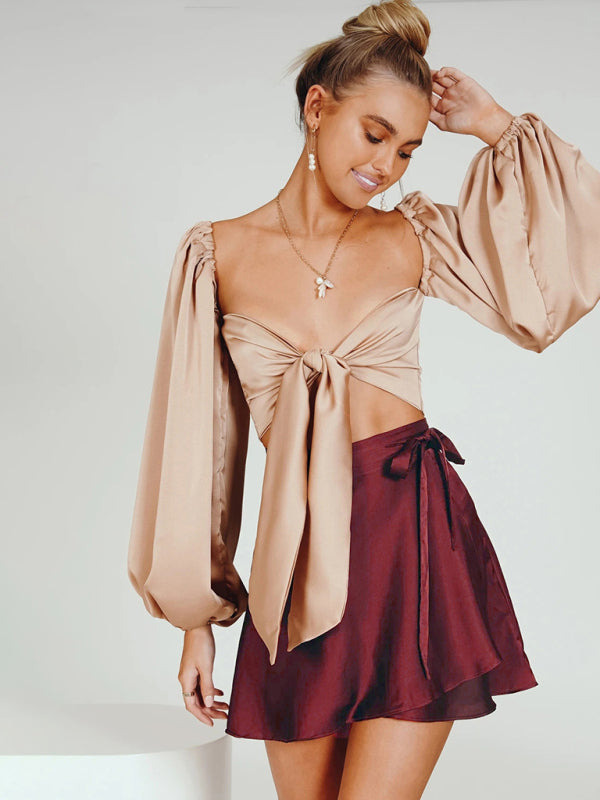 Solid Color Satin Wrap Mini Skirt - Serenity Land fashion