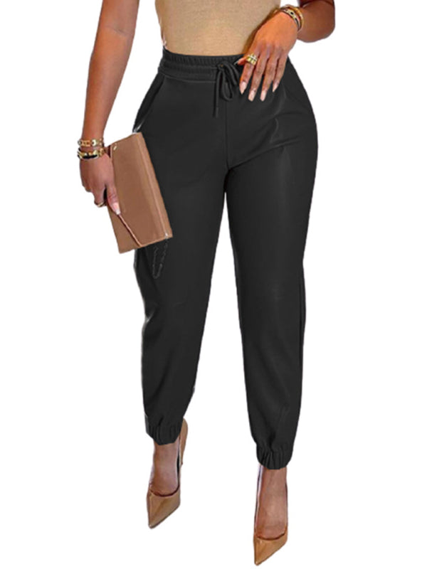 Color Faux Leather Drawstring Pants