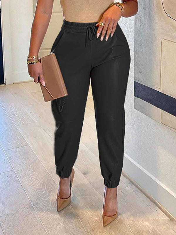 Color Faux Leather Drawstring Pants