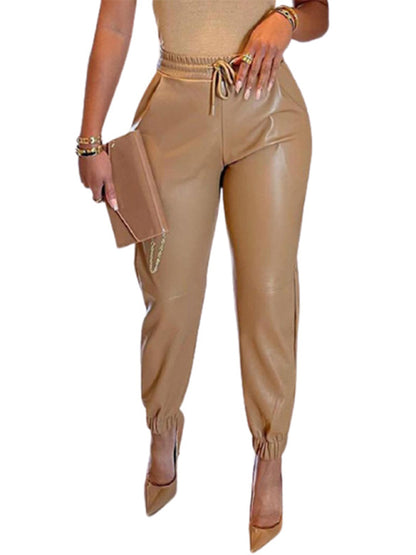 Color Faux Leather Drawstring Pants