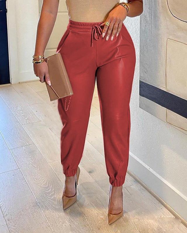 Color Faux Leather Drawstring Pants