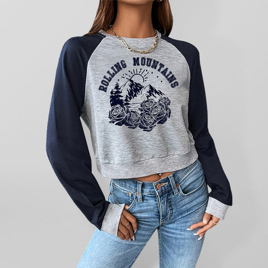 Cropped Raglan Long-sleeve Graphic Sweatshirt - Serenity Land fashion
