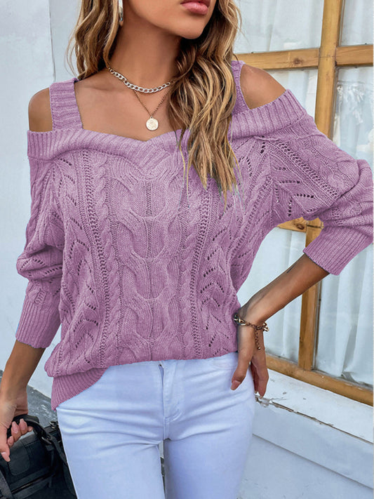 Solid Color Cold Shoulder Cable Knitted Sweater - Serenity Land fashion