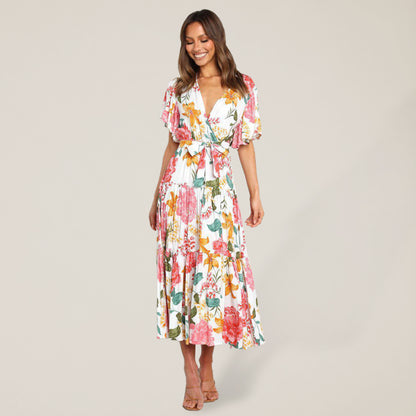 Floral Print Flutter Sleeve Faux Wrap Midi Dress - Serenity Land fashion