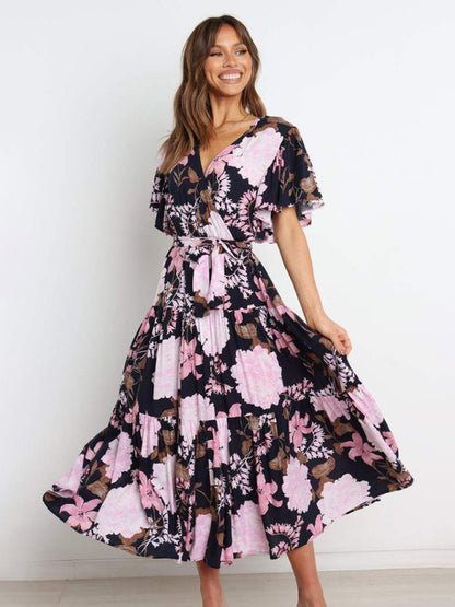 Floral Print Flutter Sleeve Faux Wrap Midi Dress - Serenity Land fashion
