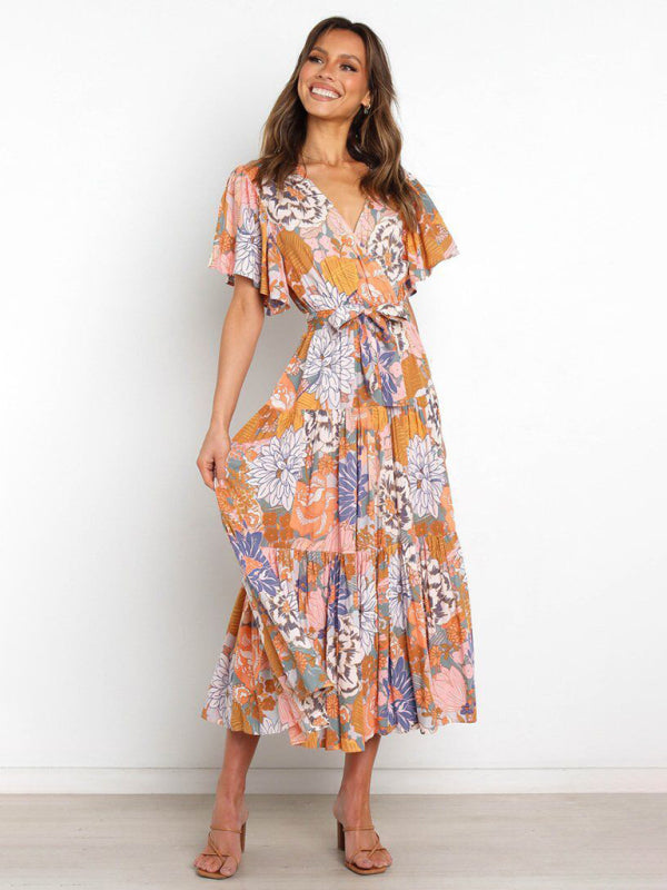 Floral Print Flutter Sleeve Faux Wrap Midi Dress - Serenity Land fashion