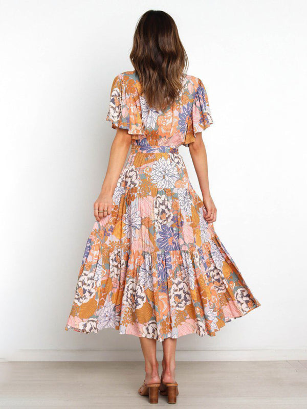Floral Print Flutter Sleeve Faux Wrap Midi Dress - Serenity Land fashion