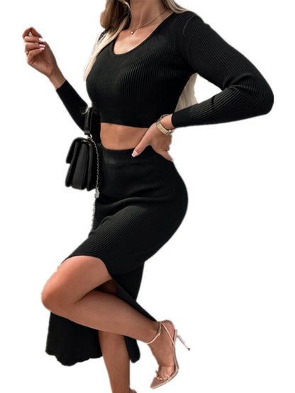 Solid color long-sleeved dress two-piece set