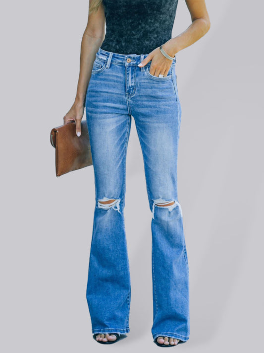 High Waist Ripped Step Hem Bootcut Jeans - Serenity Land fashion