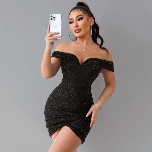 Off-the-shoulder Ruched Sheath Mini-dress - Serenity Land fashion