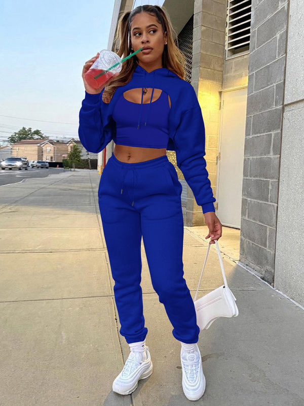Women's Solid Color Hoodie & Drawstring Trousers with Vest Three-Piece Suit