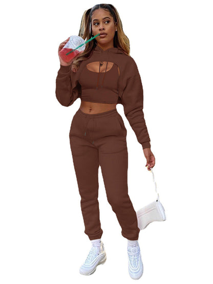 Women's Solid Color Hoodie & Drawstring Trousers with Vest Three-Piece Suit