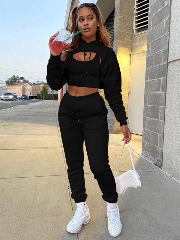 Women's Solid Color Hoodie & Drawstring Trousers with Vest Three-Piece Suit