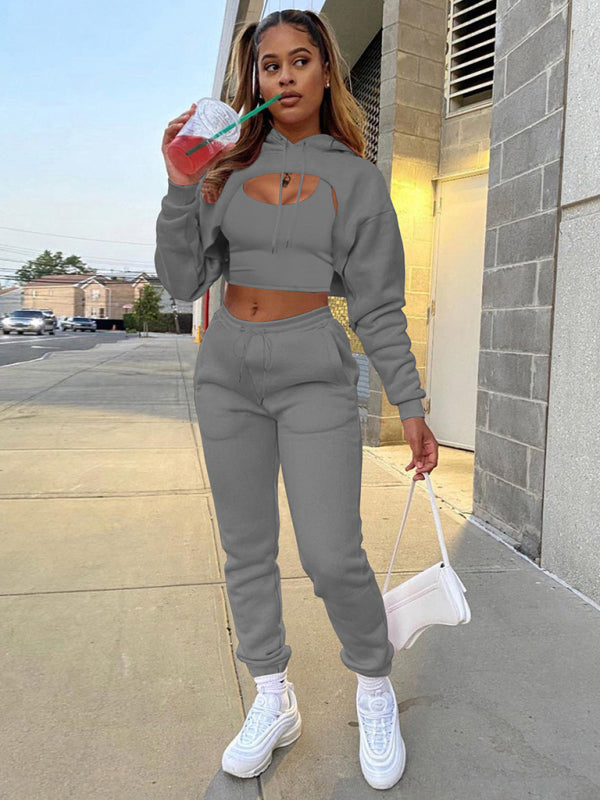 Women's Solid Color Hoodie & Drawstring Trousers with Vest Three-Piece Suit