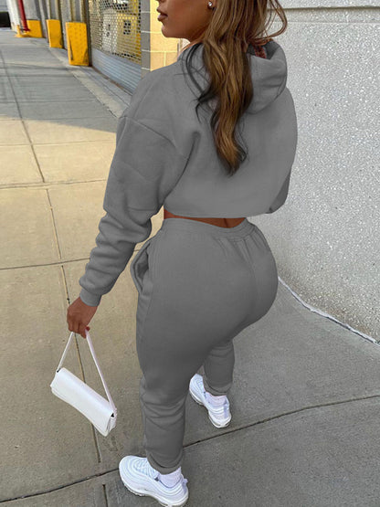 Women's Solid Color Hoodie & Drawstring Trousers with Vest Three-Piece Suit