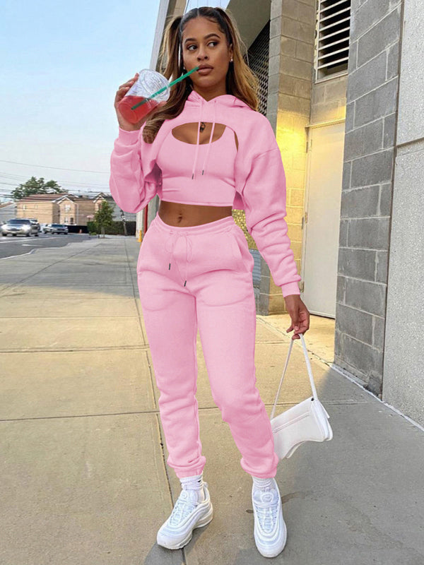 Women's Solid Color Hoodie & Drawstring Trousers with Vest Three-Piece Suit