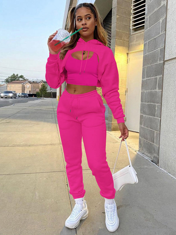 Women's Solid Color Hoodie & Drawstring Trousers with Vest Three-Piece Suit