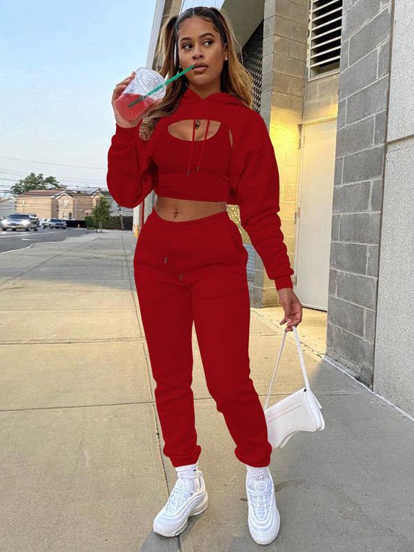 Women's Solid Color Hoodie & Drawstring Trousers with Vest Three-Piece Suit
