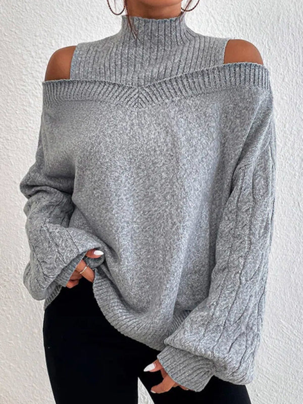 Solid color turtleneckoff-the-shoulder long-sleeved sweater - Serenity Land fashion