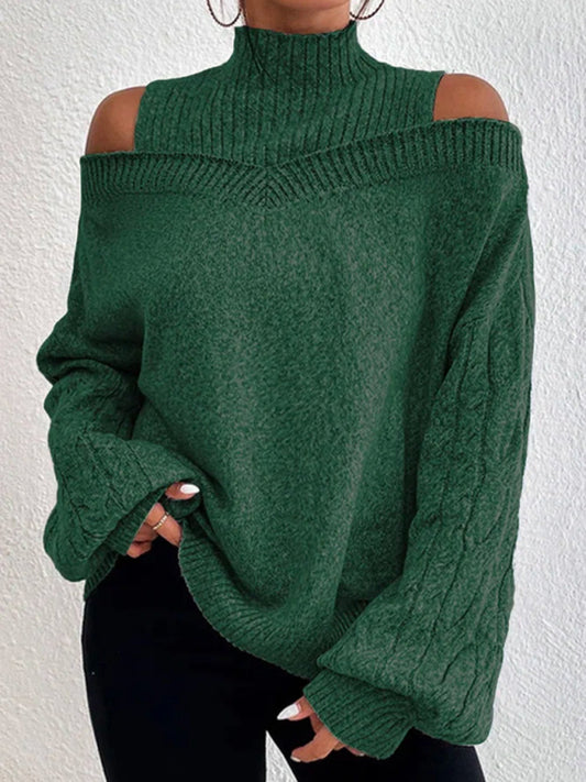 Solid color turtleneckoff-the-shoulder long-sleeved sweater - Serenity Land fashion