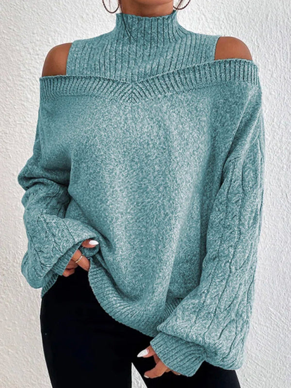 Solid color turtleneckoff-the-shoulder long-sleeved sweater - Serenity Land fashion