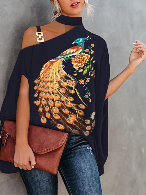 Halter Neck Dolman Sleeve Print Shirt - Serenity Land fashion
